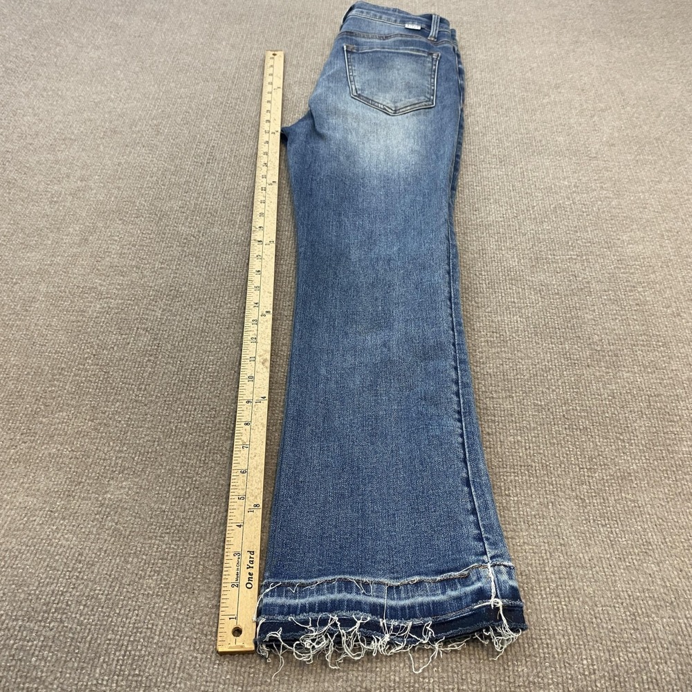 Risen Flare Jeans Womens 7/28 Blue Med Wash Mid Rise Distressed Fringe Hem - Picture 10 of 13